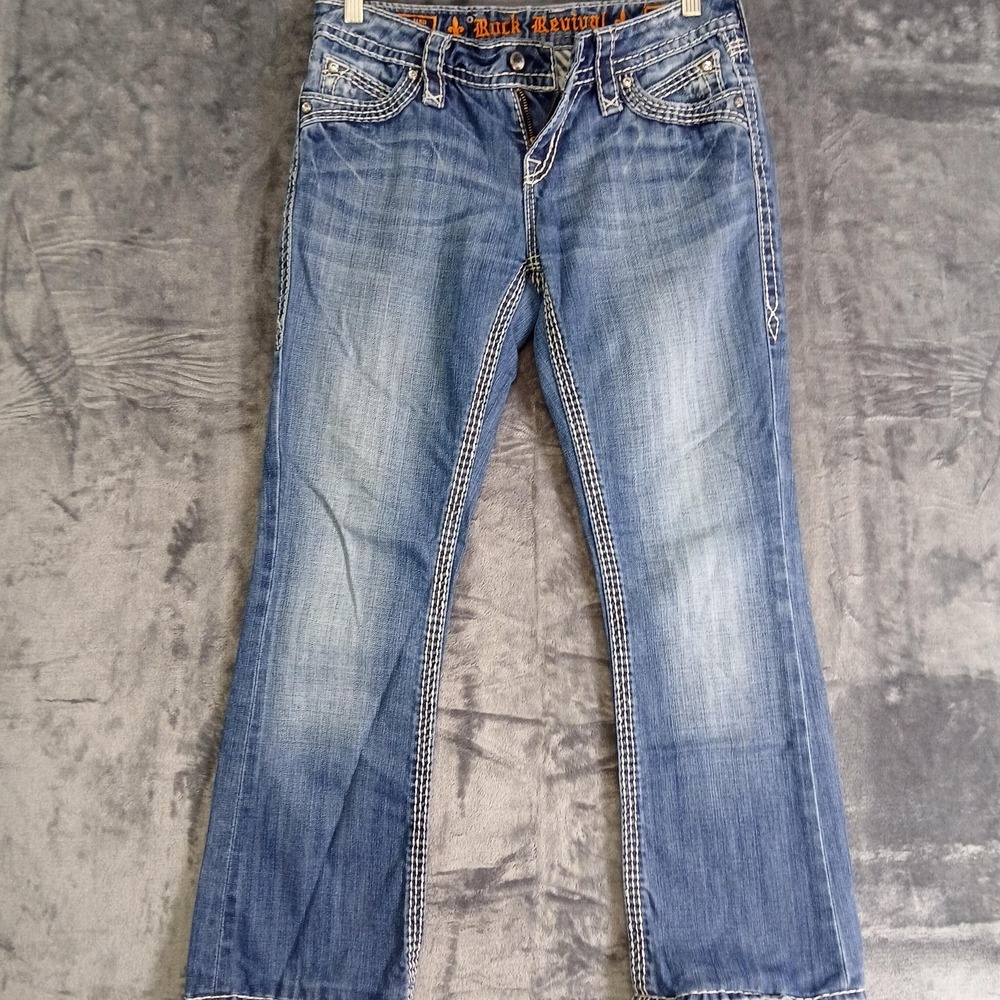 Rock Revival Jeans Womens 26 Blue Elaina Easy Boot Bootcut Flap Pockets Bling